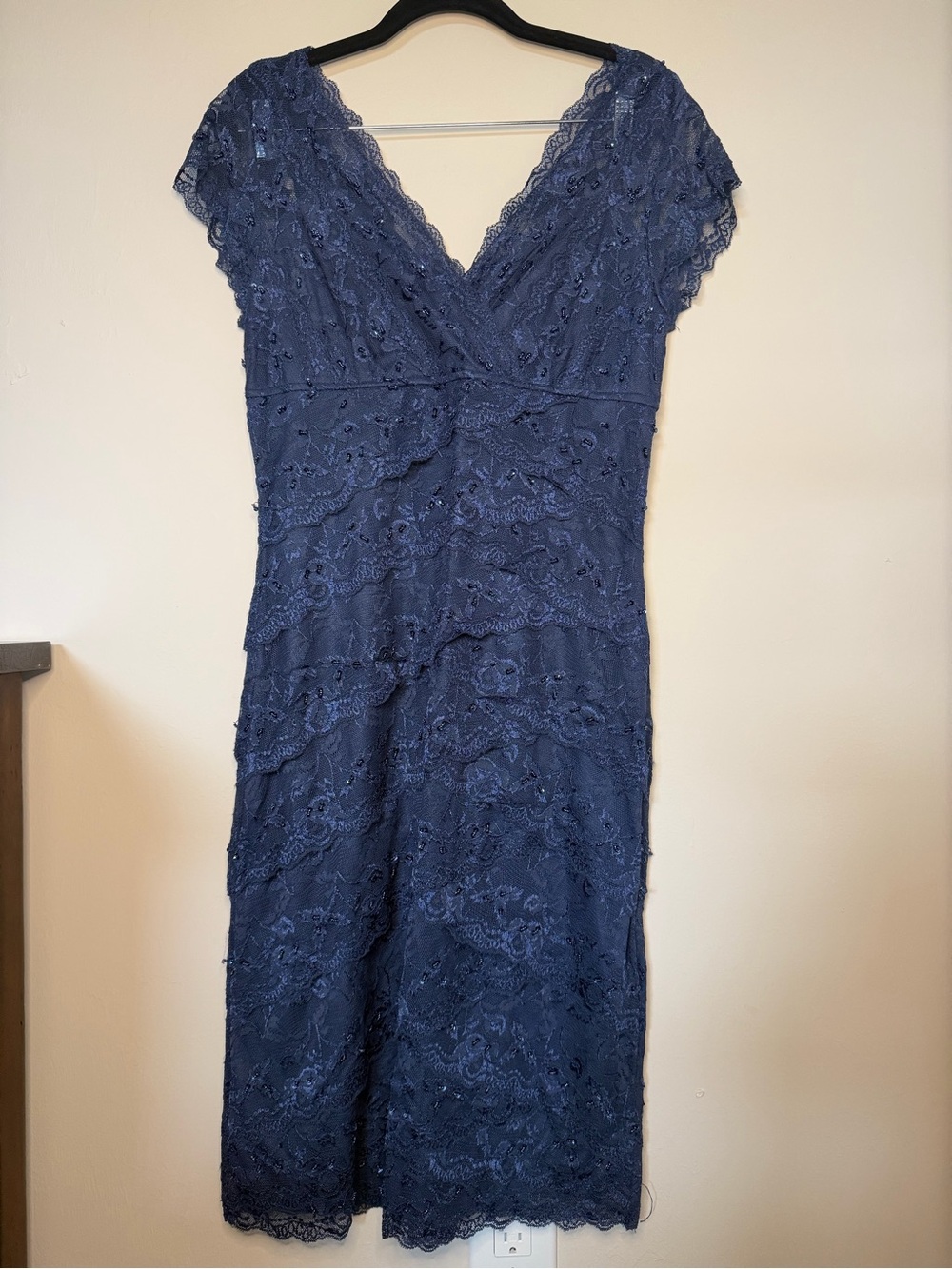 MARINA Navy Lace Midi Dress with V-Neck